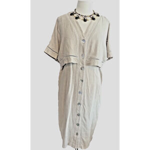Miss Dorby VTG Linen Blend Midi Dress Oatmeal Short Sleeve Button Up Size 14